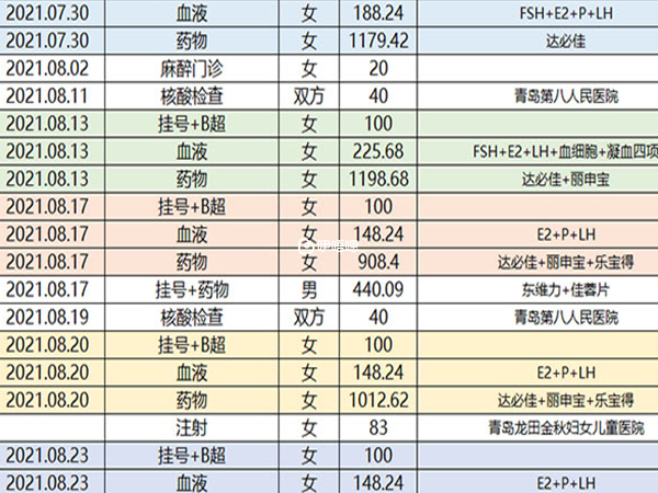 试管花费明细表